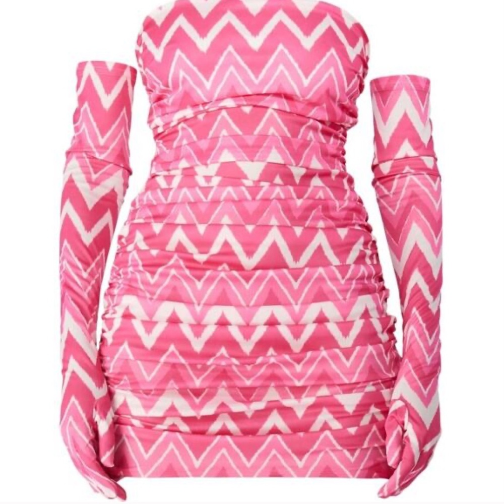 Miscreants London. Pink dress with gloves set $$$ Pink Zigzag Strapless Dress